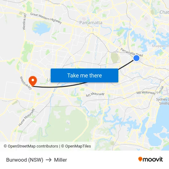 Burwood (NSW) to Miller map