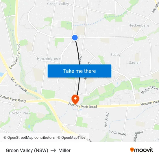 Green Valley (NSW) to Miller map