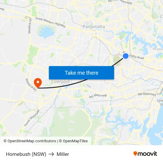 Homebush (NSW) to Miller map