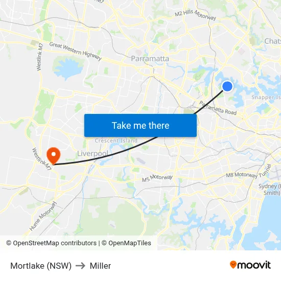 Mortlake (NSW) to Miller map