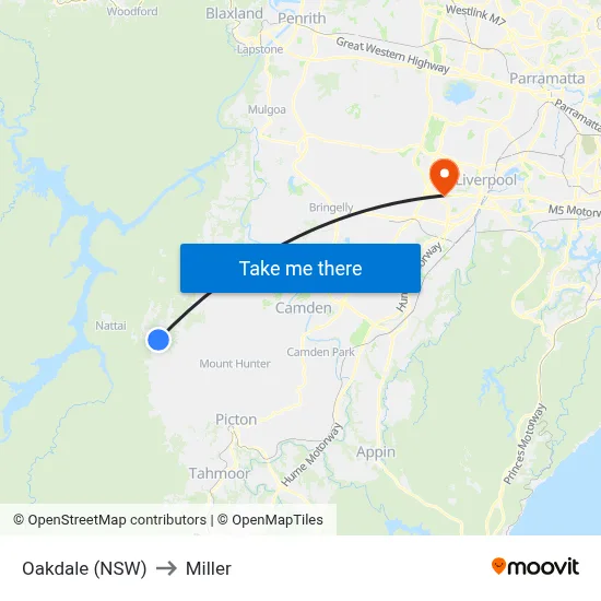 Oakdale (NSW) to Miller map