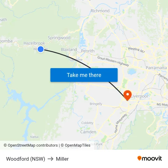 Woodford (NSW) to Miller map