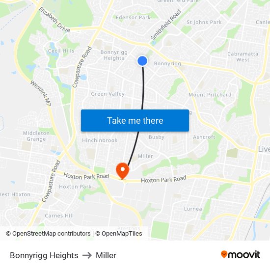 Bonnyrigg Heights to Miller map