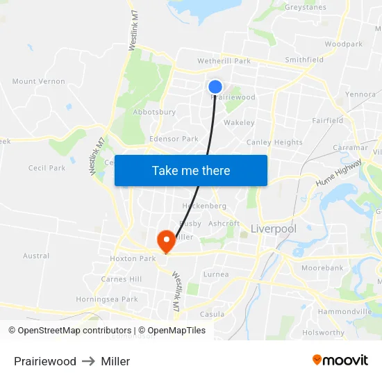 Prairiewood to Miller map