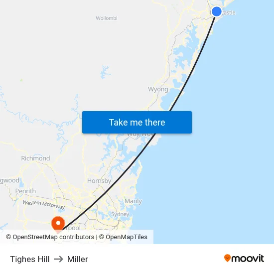 Tighes Hill to Miller map