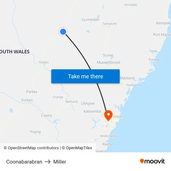 Coonabarabran to Miller map