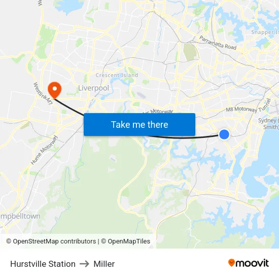 Hurstville Station to Miller map