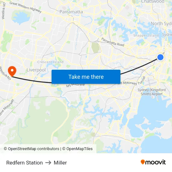 Redfern Station to Miller map