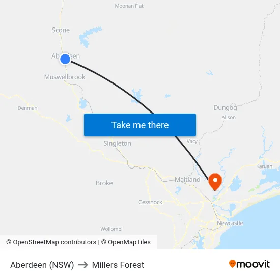 Aberdeen (NSW) to Millers Forest map