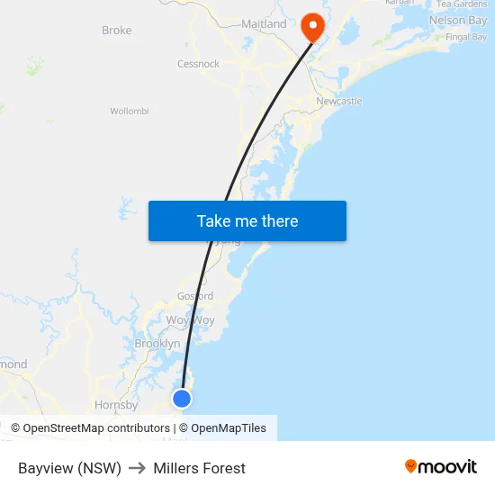 Bayview (NSW) to Millers Forest map