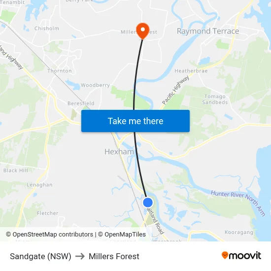 Sandgate (NSW) to Millers Forest map