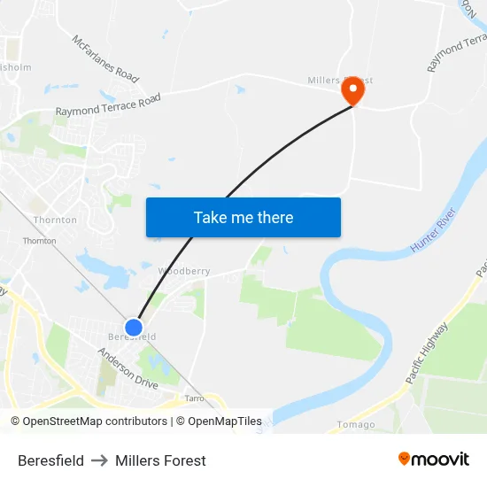 Beresfield to Millers Forest map