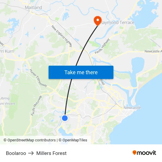 Boolaroo to Millers Forest map