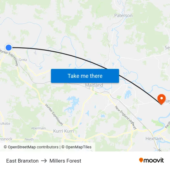 East Branxton to Millers Forest map