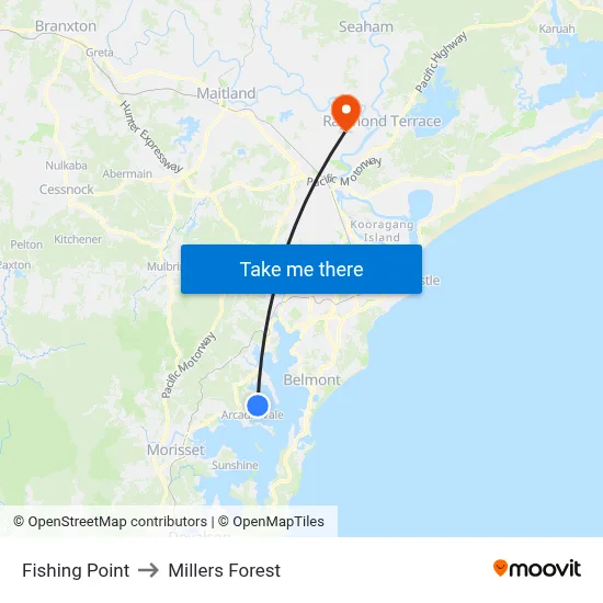 Fishing Point to Millers Forest map