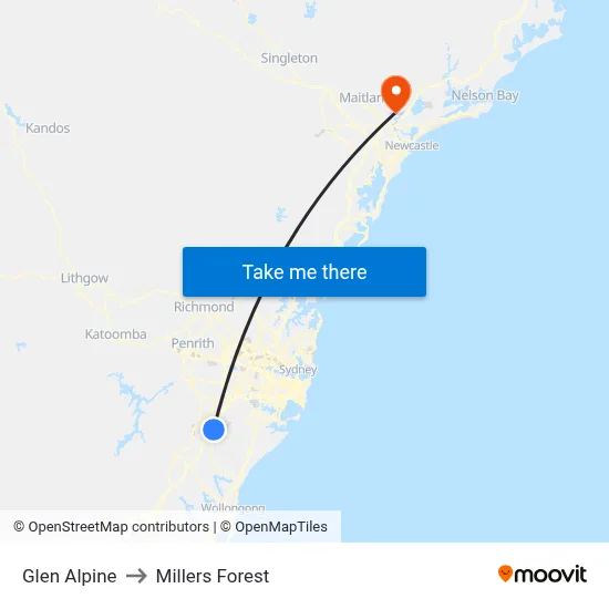Glen Alpine to Millers Forest map