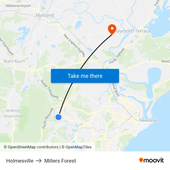 Holmesville to Millers Forest map