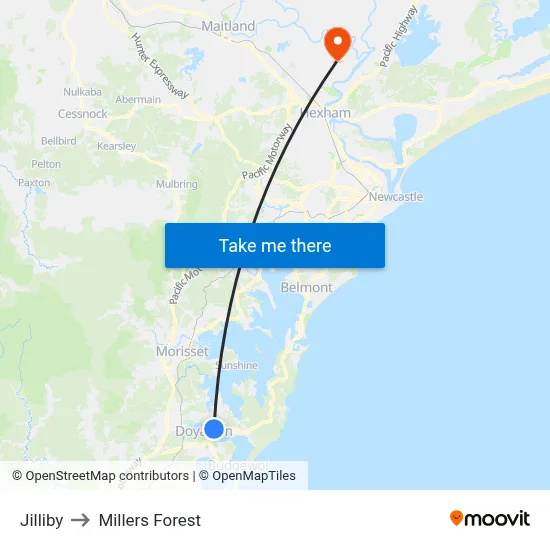 Jilliby to Millers Forest map