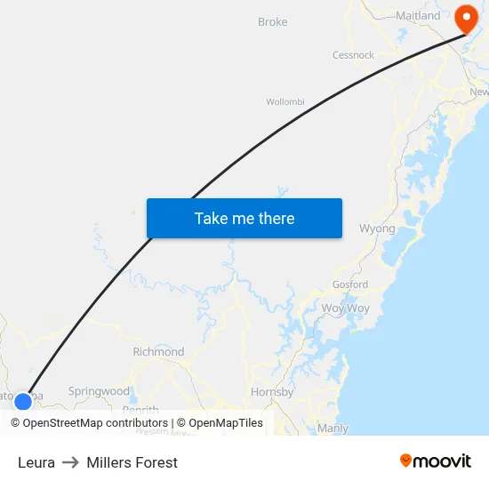 Leura to Millers Forest map