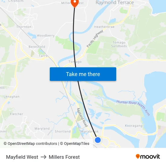 Mayfield West to Millers Forest map