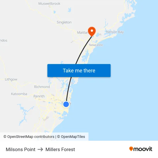 Milsons Point to Millers Forest map