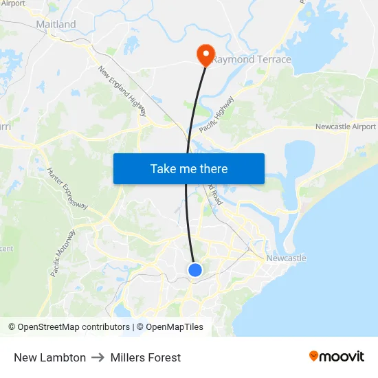 New Lambton to Millers Forest map