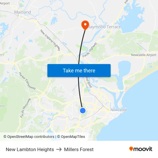 New Lambton Heights to Millers Forest map
