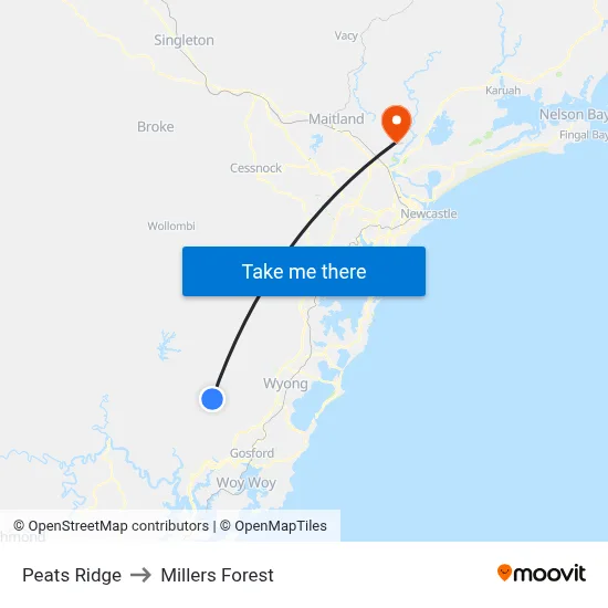Peats Ridge to Millers Forest map