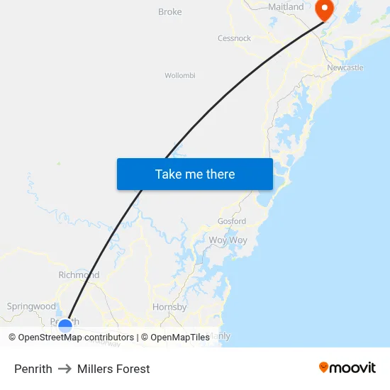 Penrith to Millers Forest map