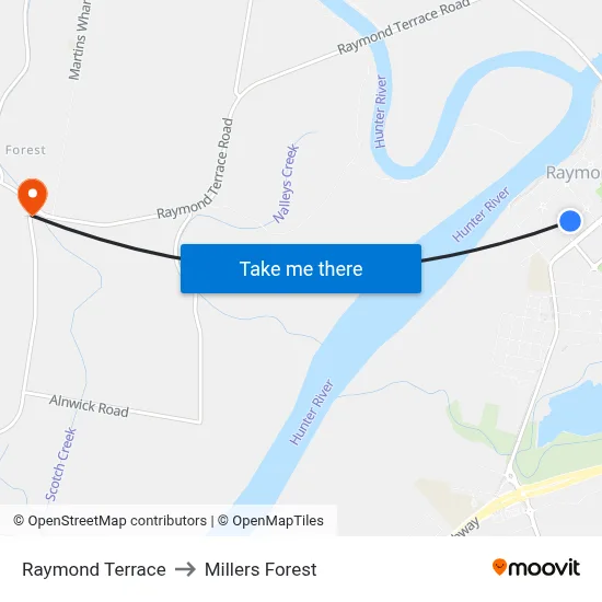 Raymond Terrace to Millers Forest map
