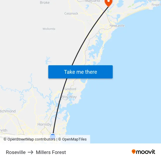 Roseville to Millers Forest map