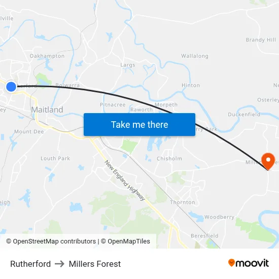 Rutherford to Millers Forest map