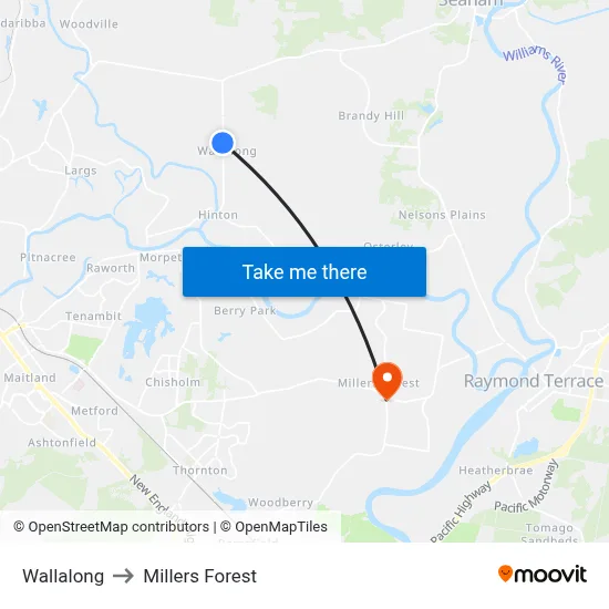 Wallalong to Millers Forest map