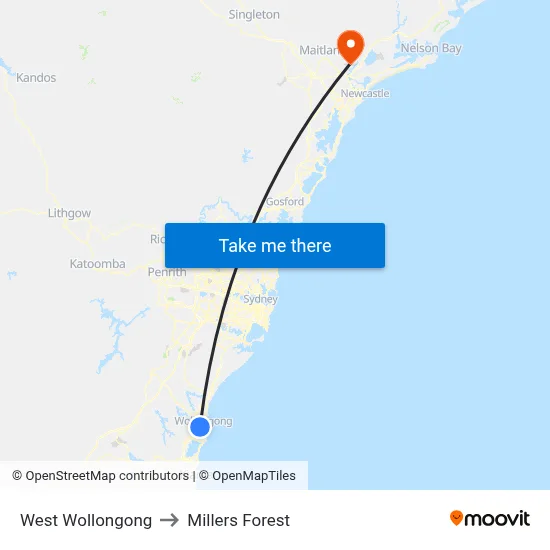 West Wollongong to Millers Forest map