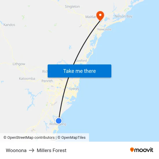 Woonona to Millers Forest map
