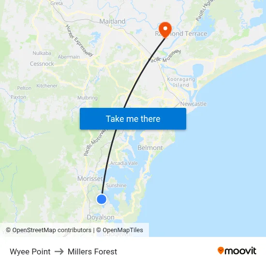 Wyee Point to Millers Forest map