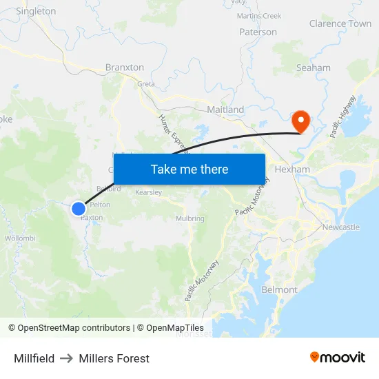 Millfield to Millers Forest map