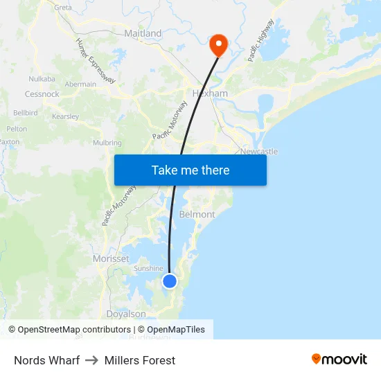Nords Wharf to Millers Forest map
