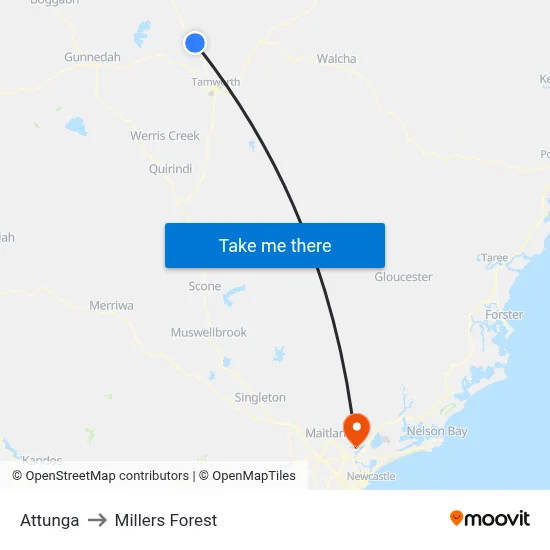 Attunga to Millers Forest map