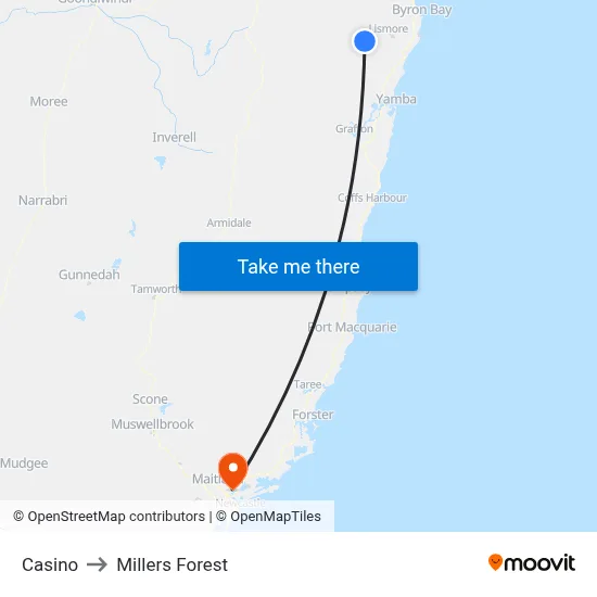 Casino to Millers Forest map