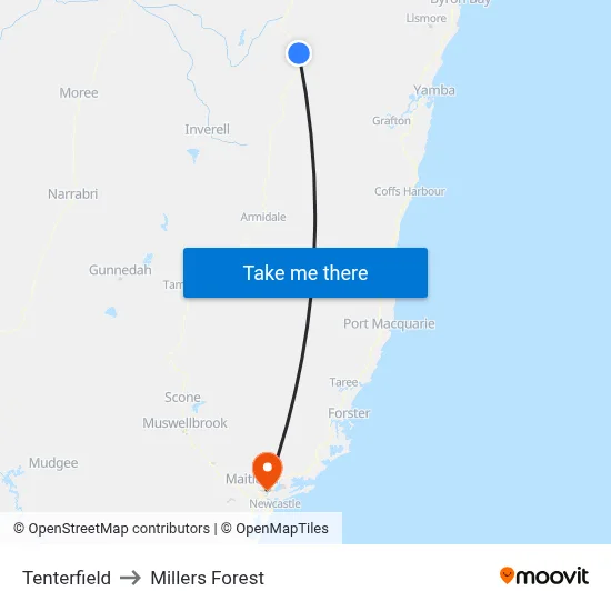 Tenterfield to Millers Forest map