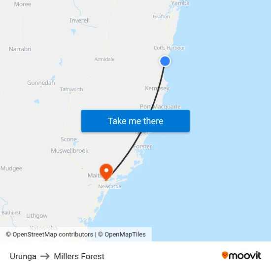 Urunga to Millers Forest map