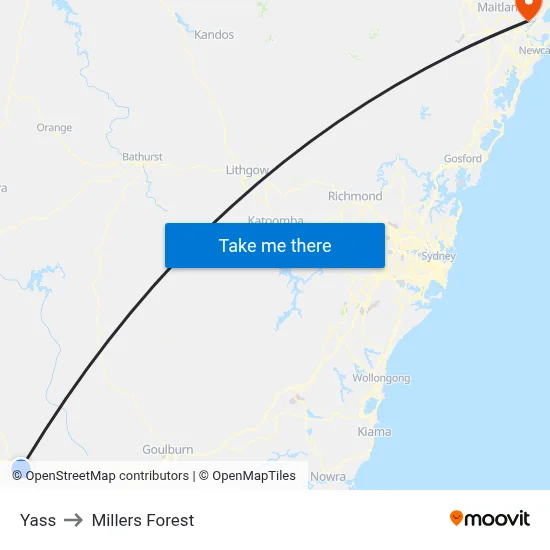 Yass to Millers Forest map