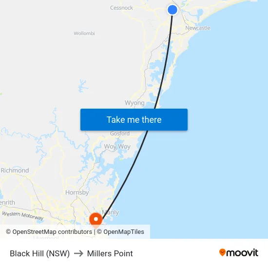 Black Hill (NSW) to Millers Point map