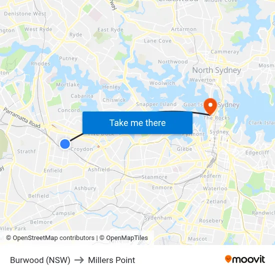 Burwood (NSW) to Millers Point map