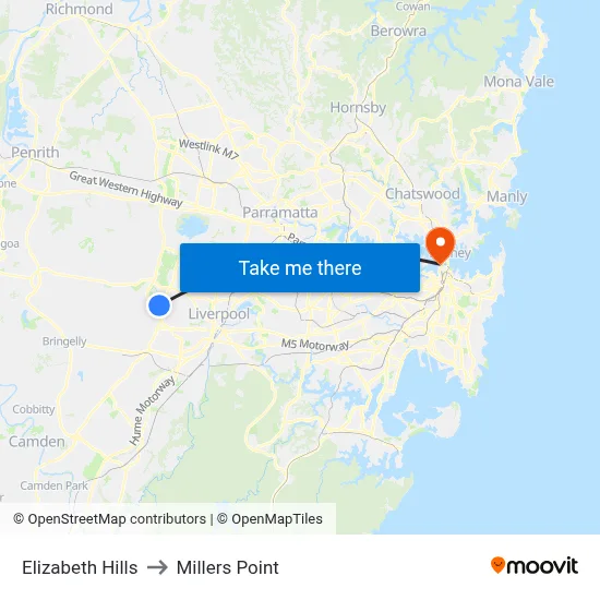 Elizabeth Hills to Millers Point map