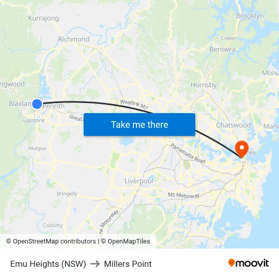 Emu Heights (NSW) to Millers Point map