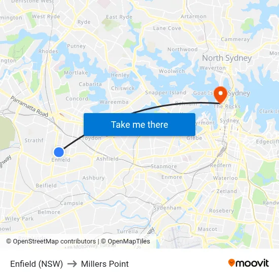 Enfield (NSW) to Millers Point map