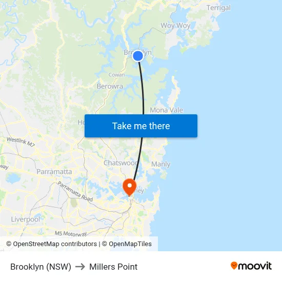 Brooklyn (NSW) to Millers Point map