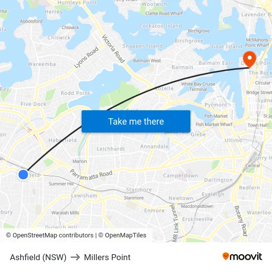 Ashfield (NSW) to Millers Point map